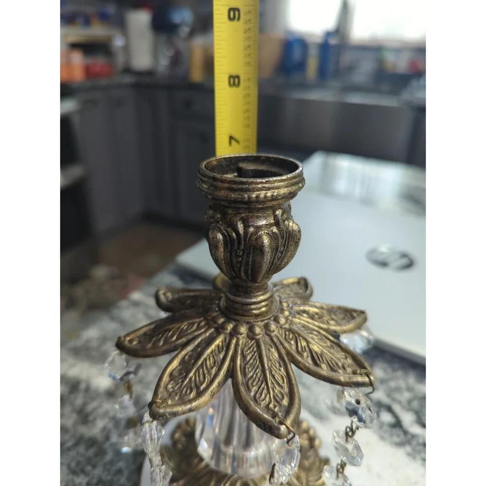 Gold Brass Marble Candle Stick Holder Prisms Vintage Hollywood Regency 7